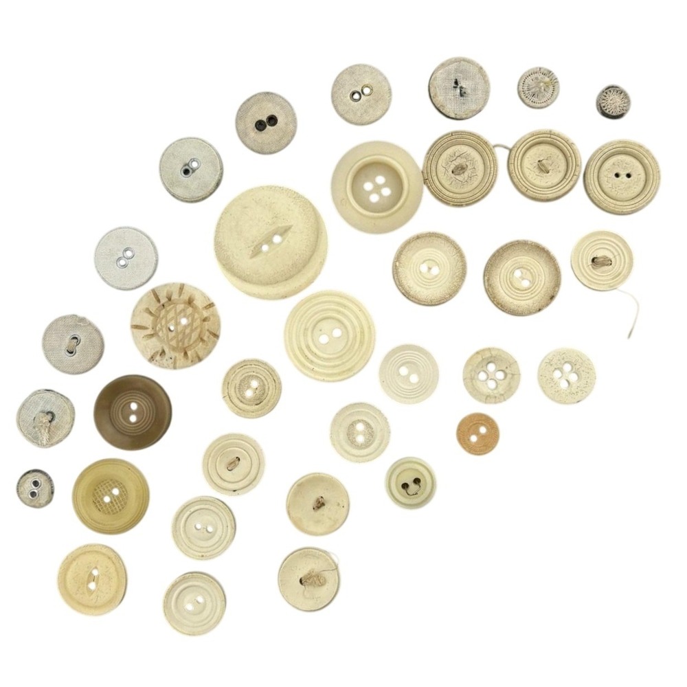 Antique Casein + Fabric Buttons Lot – Natural Ivory Beige Mix ~35pcs Early 1900s